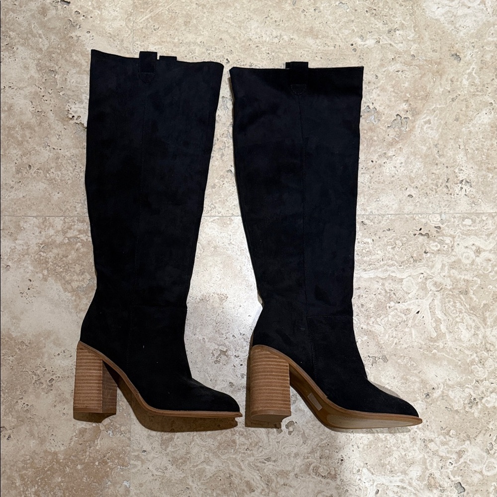 Vici Black Over the Knee Boots with Brown Heel